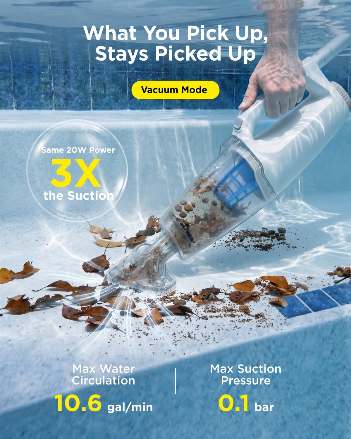 InoKraft 2-in-1 Cordless Handheld Pool Vacuum & Hot Tub Cleaner, Swap-On Replaceable Battery, High Suction for Above Ground Pools, Spa Vacuum with Stick Pump Drain Mode for Silt & Sand