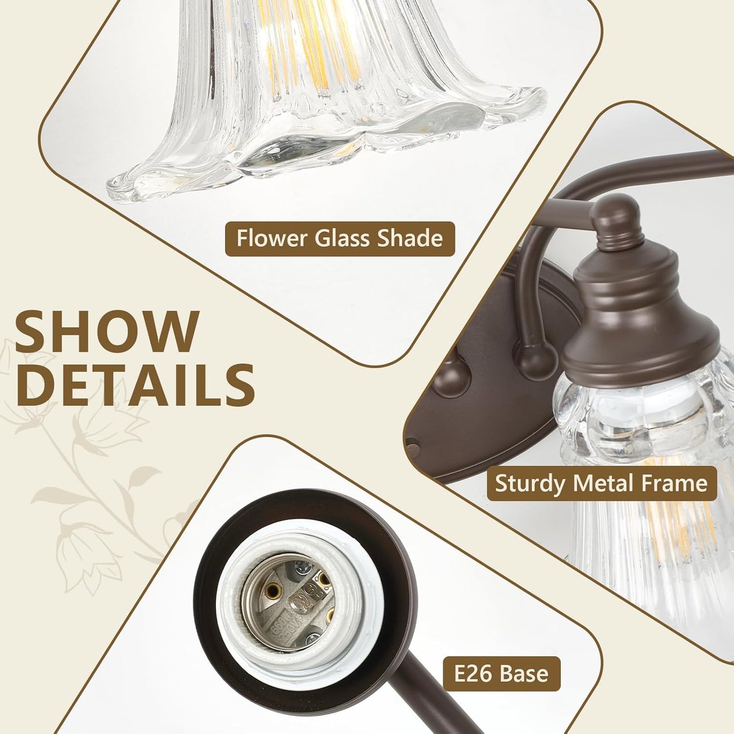 3-Light Bathroom Light Fixtures Over Mirror, Vintage Vanity Lights with Clear Floral Glass Shades, Oil Rubbed Bronze Oil-Rubbed Bronze 3-Light