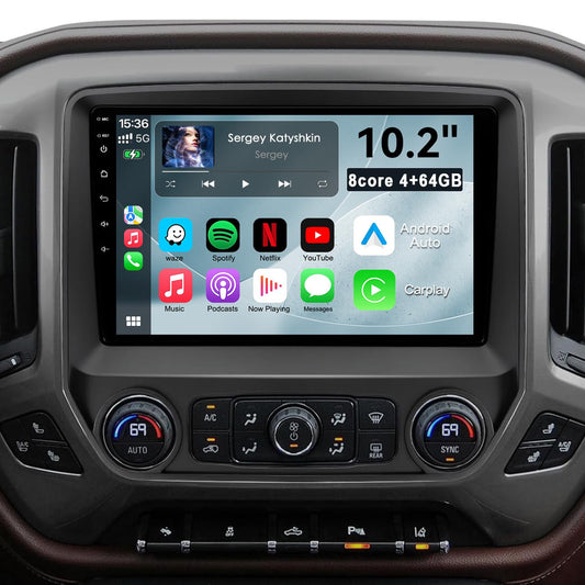 10.2'' 8 Core 4+64GB Car Radio Stereo for 2014-2018 Chevy Silverado/GMC Sierra, Plug and Play Android 13 Head Unit with Wireless Carplay/Android Auto/1080P Backup Camera/FM AM Radio 10.2'' QLED TOUCHSCREEN