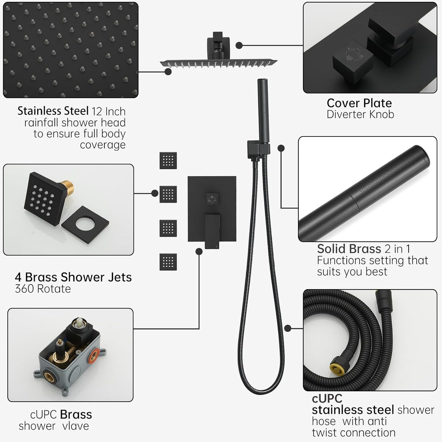 Rainfall Shower Faucet with 4 Full Body Shower Jet Fixture Combo, Shower System Set with 12 Inch Rain Mixer Shower Head and 2 in 1 Handheld Showerhead