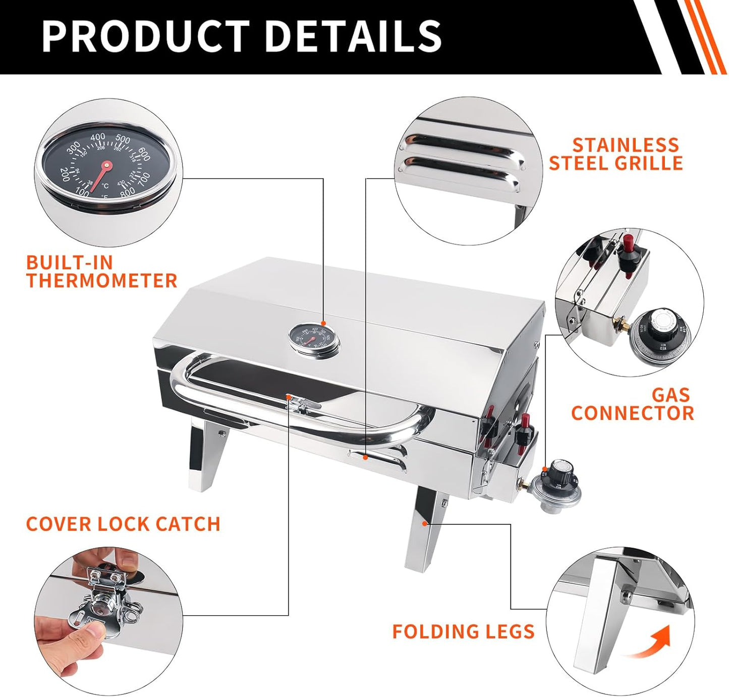 Tabletop Gas Grill, 304 Stainless Steel Marine Grills, NO ROD HOLDER MOUNT, Portable Propane BBQ for Boats & Tailgating & Camping, Built in Thermometer (Grill)