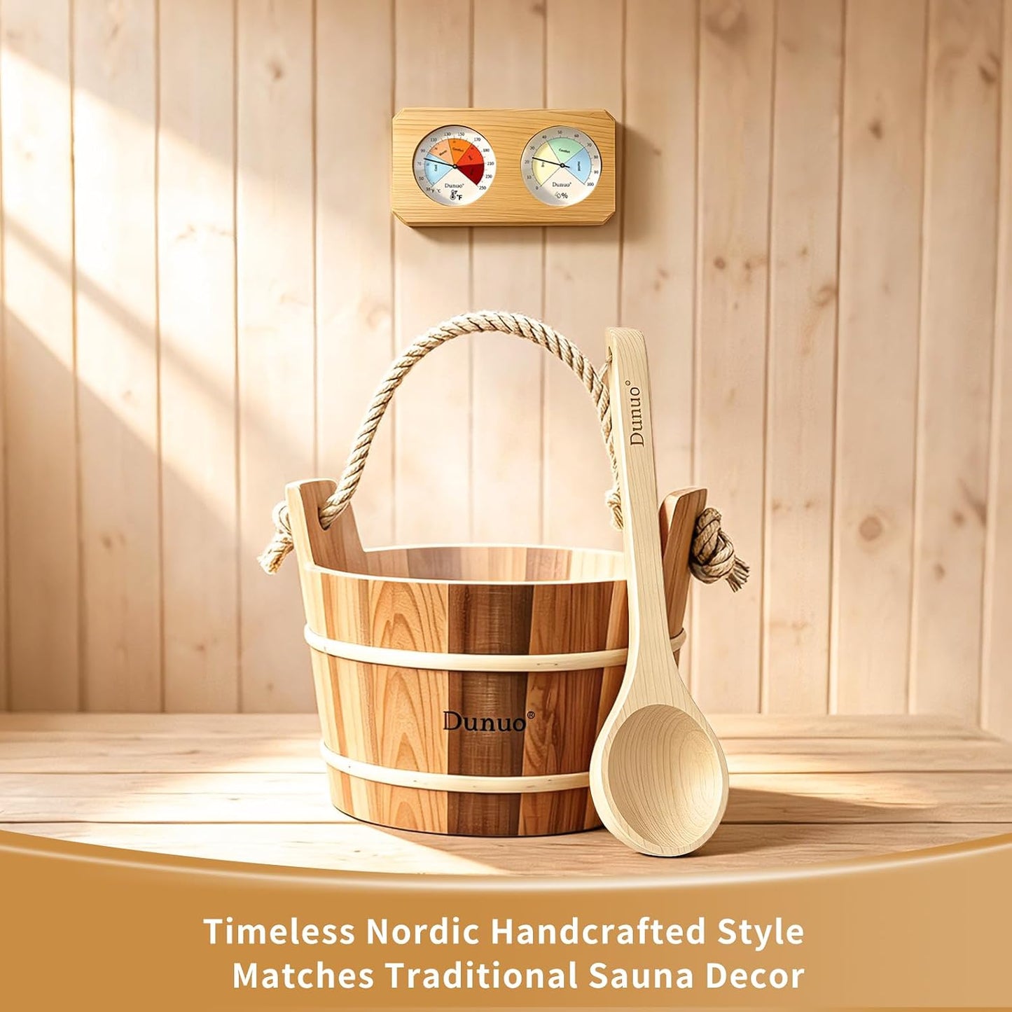 Canadian Red Cedar 3PCS Sauna Accessory Kit, Bucket & Ladle with 2-in-1 Thermometer Hygrometer, 1 Gallon (4L), Dual Scale for Home Sauna