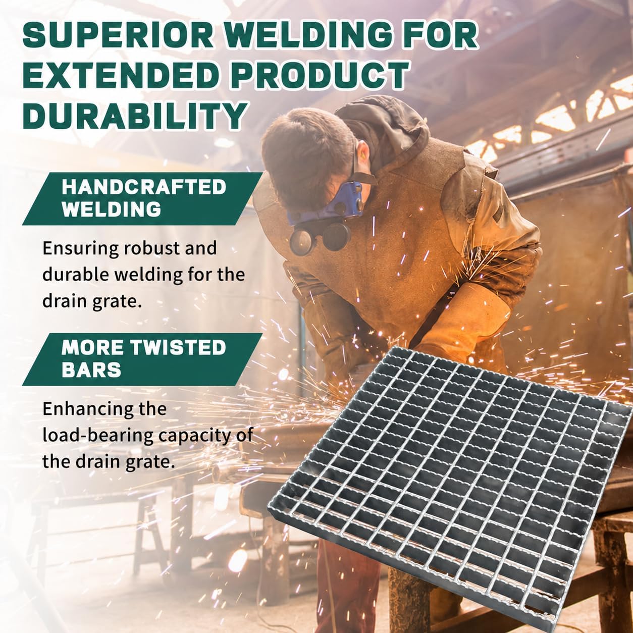 Galvanized Steel Drain Grate 18 in, Serrated Steel Bar Grating with B125 Load Capacity, Anti-Slip Metal Catch Basin Grate for Driveway, Garage, Patio, Yard, Factory, and Outdoor Drainage 17.7inch