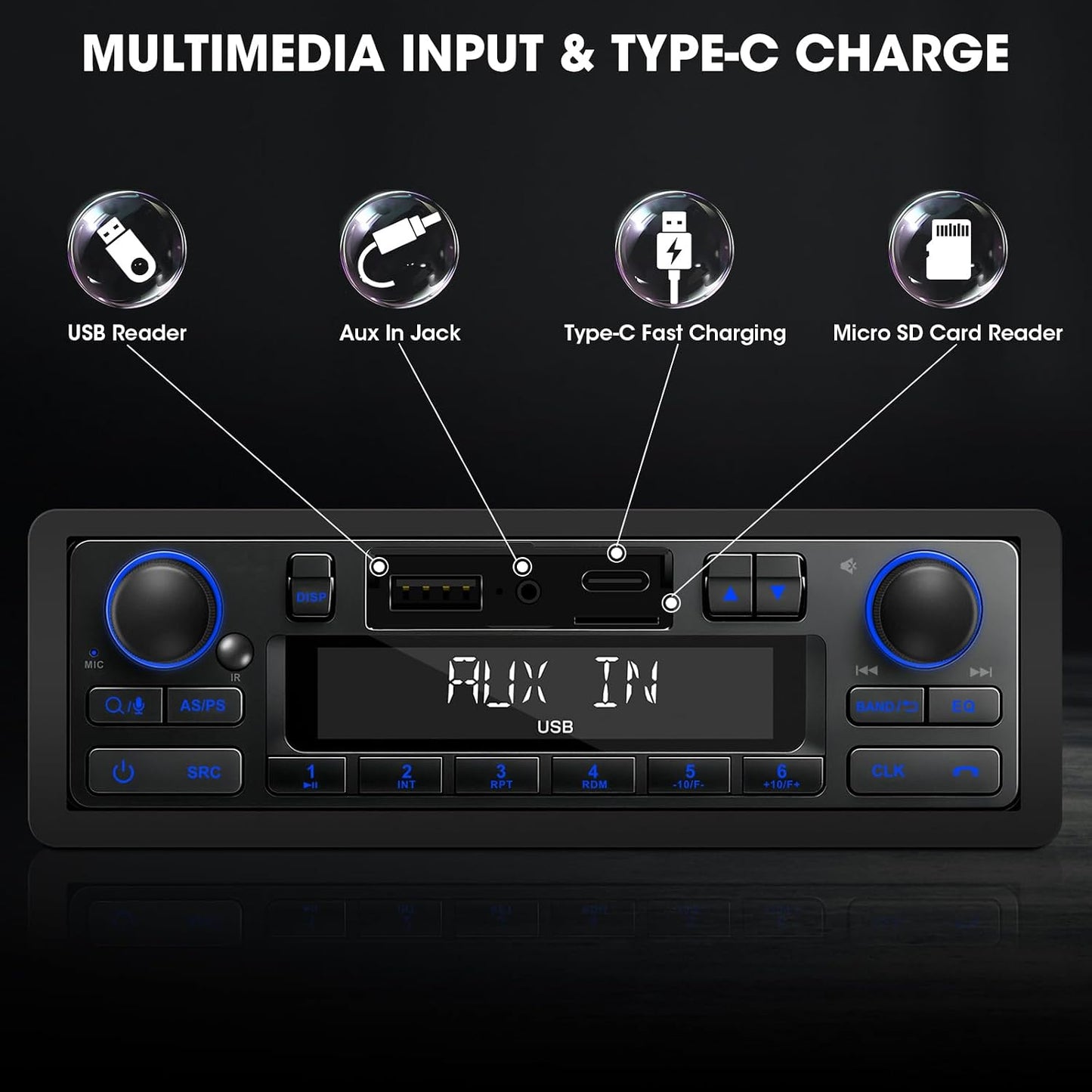 Single Din Retro Bluetooth Radio: European Style Stereo for Classic Cars | HD LCD Display FM AM USB SD AUX-In Type-C Charge Preset EQ 4-CHN Outputs Black