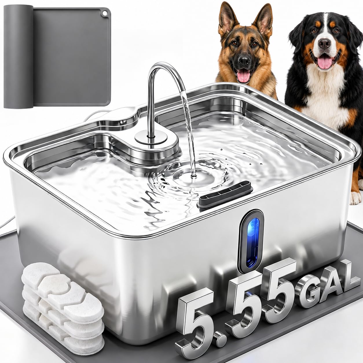 5.55 Gal Mega-Capacity Dog Water Fountain for Giant Dogs, Polished Silver | 21L Large Dog Water Bowl Dispenser, Stainless Steel, Visible Window & Alert Light, Included Silicone Mat & 3 filters 5.55 Gal Dog Fountain, Polished Silver