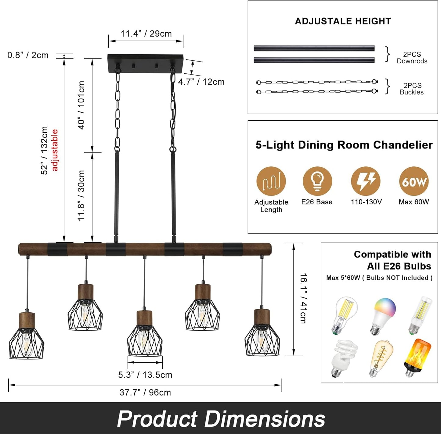 Dining Room Light Fixture Over Table, Farmhouse 5-Light Kitchen Island Lighting, Chandeliers for Dining Room, Matte Black Rustic Wood Ceiling Pendant