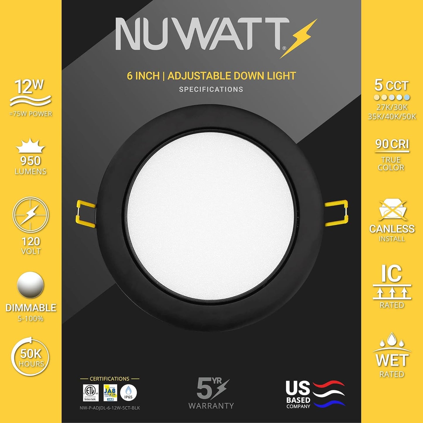 NUWATT | 6 Pack | 6 Inch Gimbal Ultra-Thin LED Recessed Light, 2700K/3000K/3500K/4000K/5000K Selectable, 950 Lumen Dim