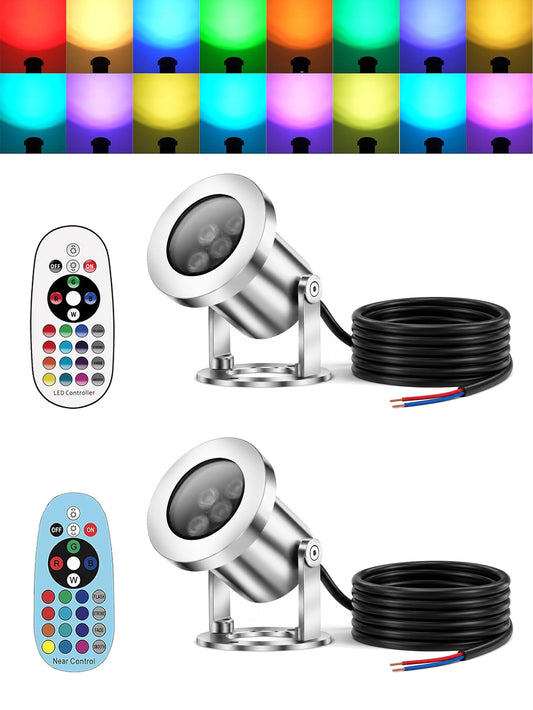 LED Pond Lights with Dual Remote Control, 6W SS316 Black RGB Underwater Fountain Light, IP68 Waterproof Submersible LED Lights for Pond Waterfall, Koi Fish Pond (2 Pack)