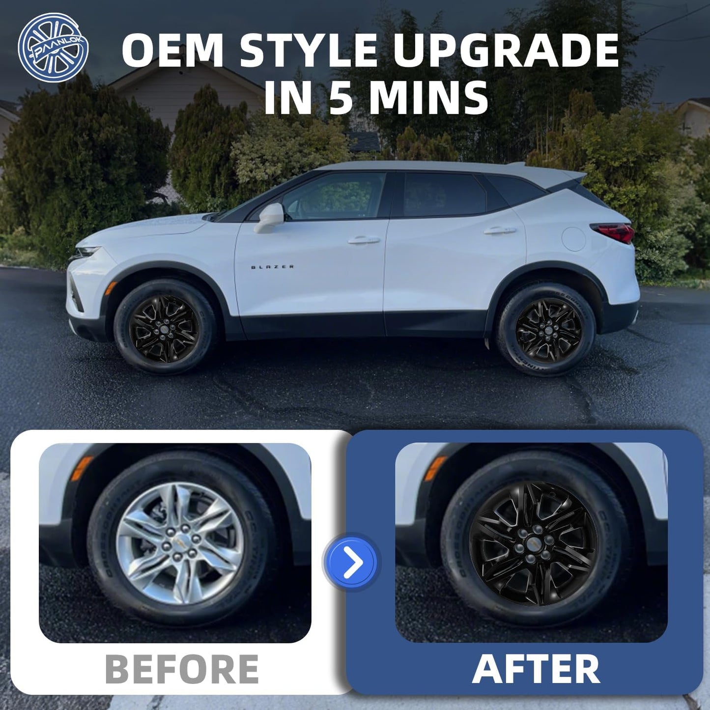 18 Inch Wheel Skins for 2019-2022 Chevy Blazer L/LT, Fits GM OEM#42497174 Alloy Wheels, Snap-On Design, Direct Replacement Gloss Black ABS Wheel Covers 4-Pack