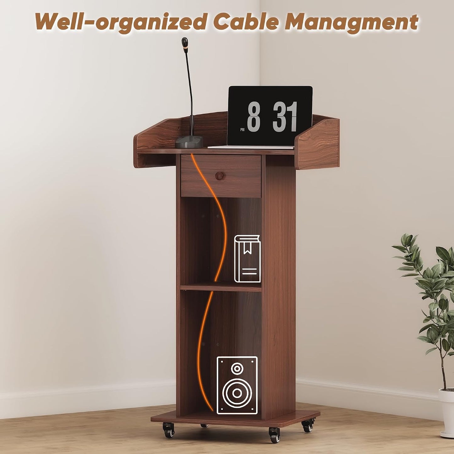 Portable Podium Stand with Metal Wheels, Rolling Podium with Drawer and Adjustable Shelf, Mobile Pulpit for Church, Wooden Lectern for Classroom Office Restaurant Conference (Brown)