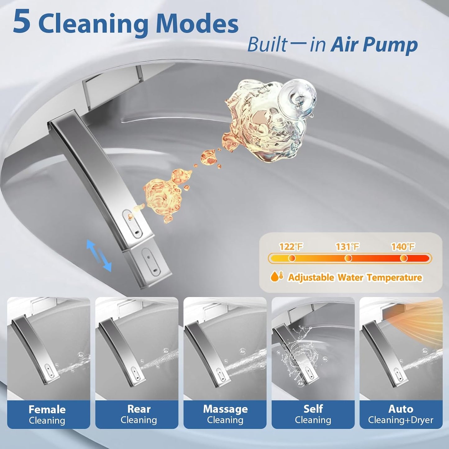 R FLORY Electric Bidet Toilet Seat Elongated Heated Toilet Seat with Bidet Slow Close Lid, Remote Control, Air Pump Flushing, Adjustable Self-Clean Nozzle, Instant Warm Water, Air Dryer, Night Light White