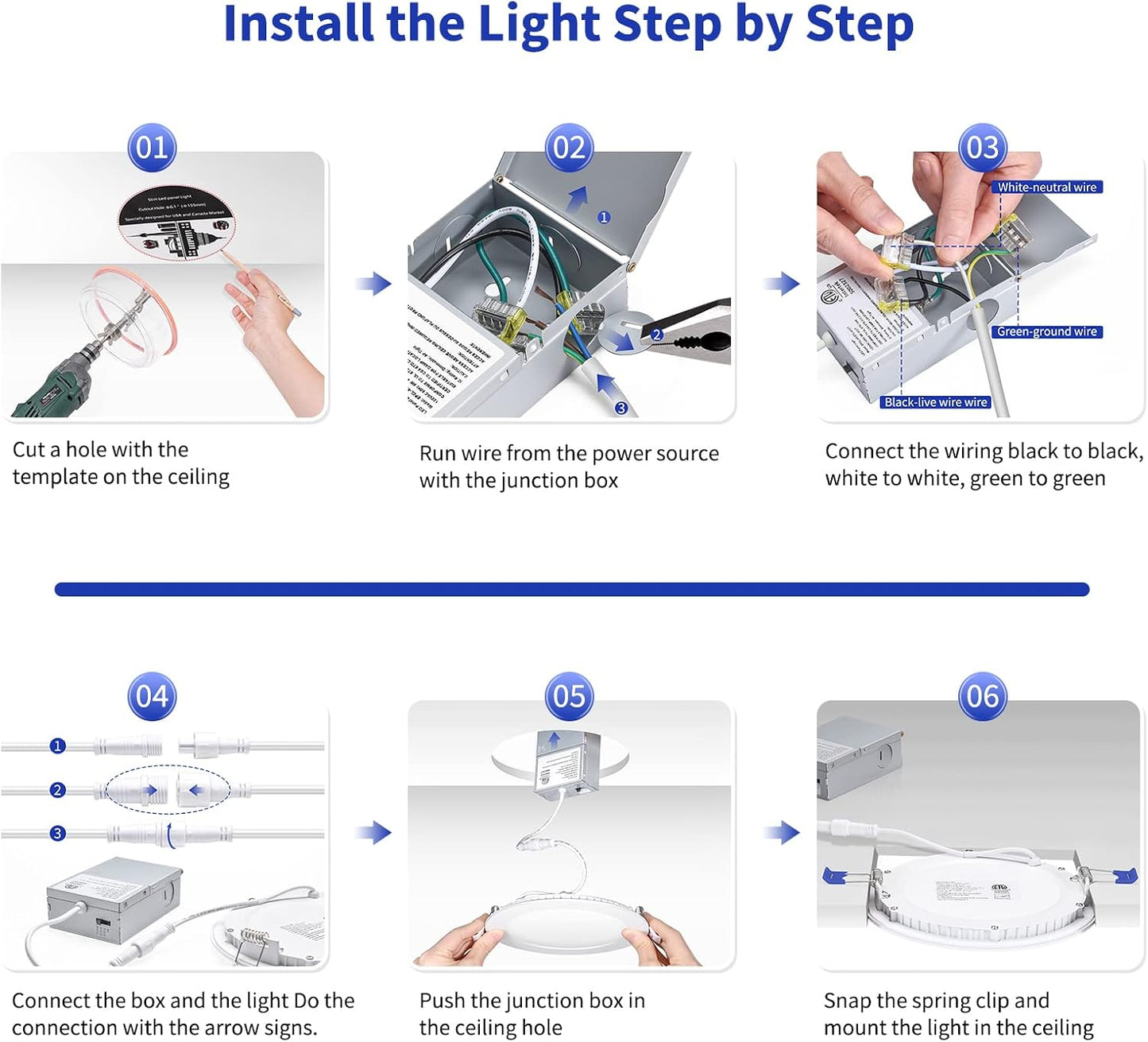 INCARLED 5CCT 16 Pack LED Recessed Lighting 6 Inch, 2700K/3000K/3500K/4000K/5000K Selectable, Dimmable Canless Wafer Lights with Junction Box, 12W