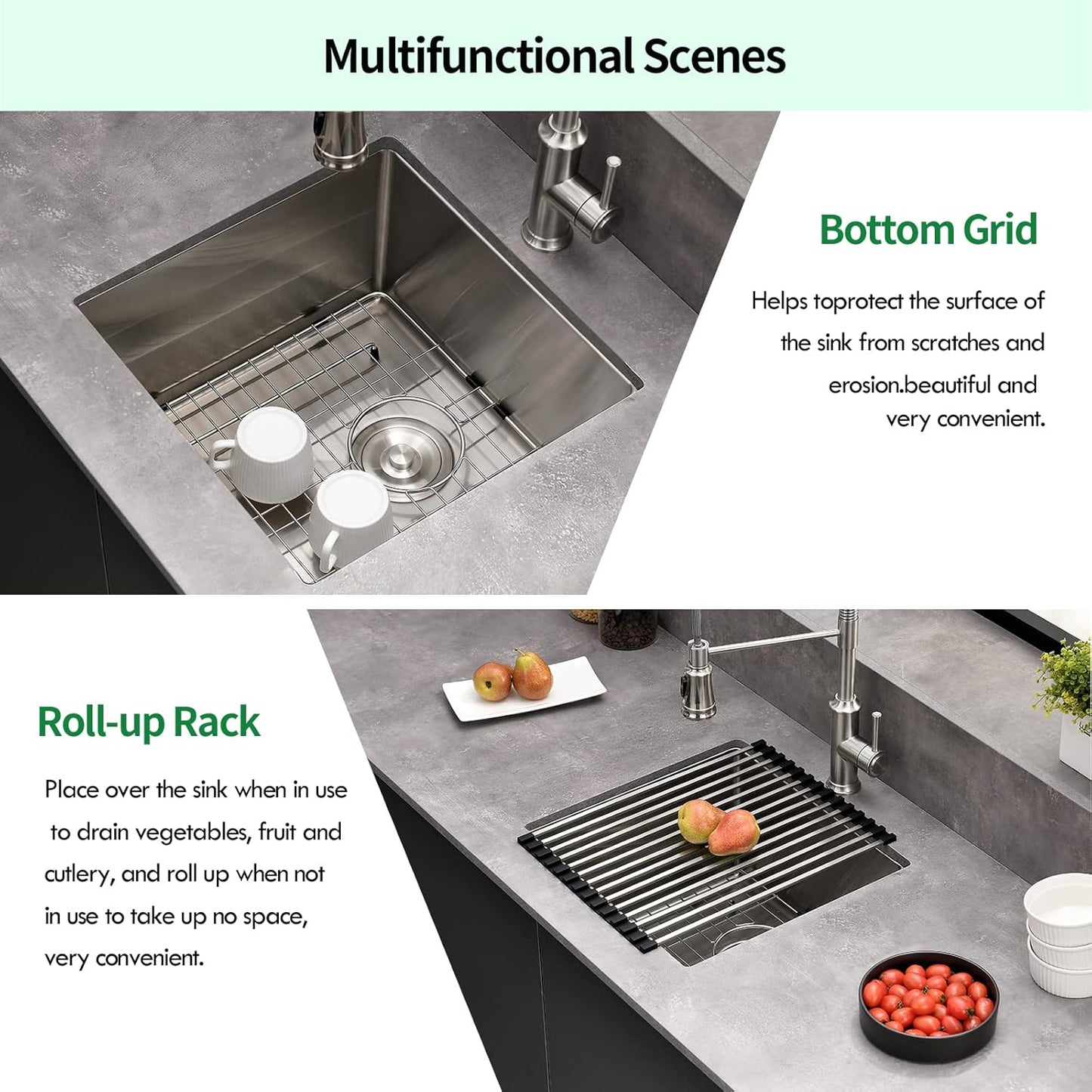 EcoChannels Undermount Kitchen Sink, 18 x 18 x 10 Inch Single Bowl Bar Sink 16 Gauge T-304 Stainless Steel Kitchen Sinks with Accessories (Stainless