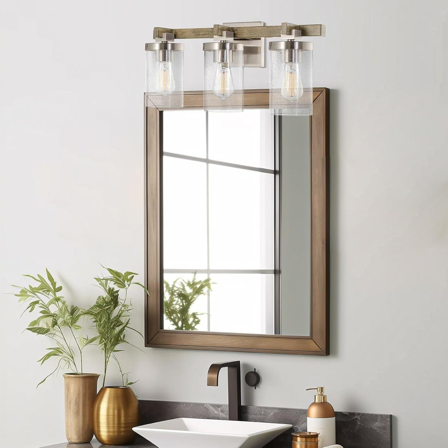 Kira Home Concord 22&#34; 3-Light Farmhouse Vanity/Bathroom Light + Seeded Cylinder Glass Shades, Reclaimed Oak Wood Style + Brushed Nickel Finish