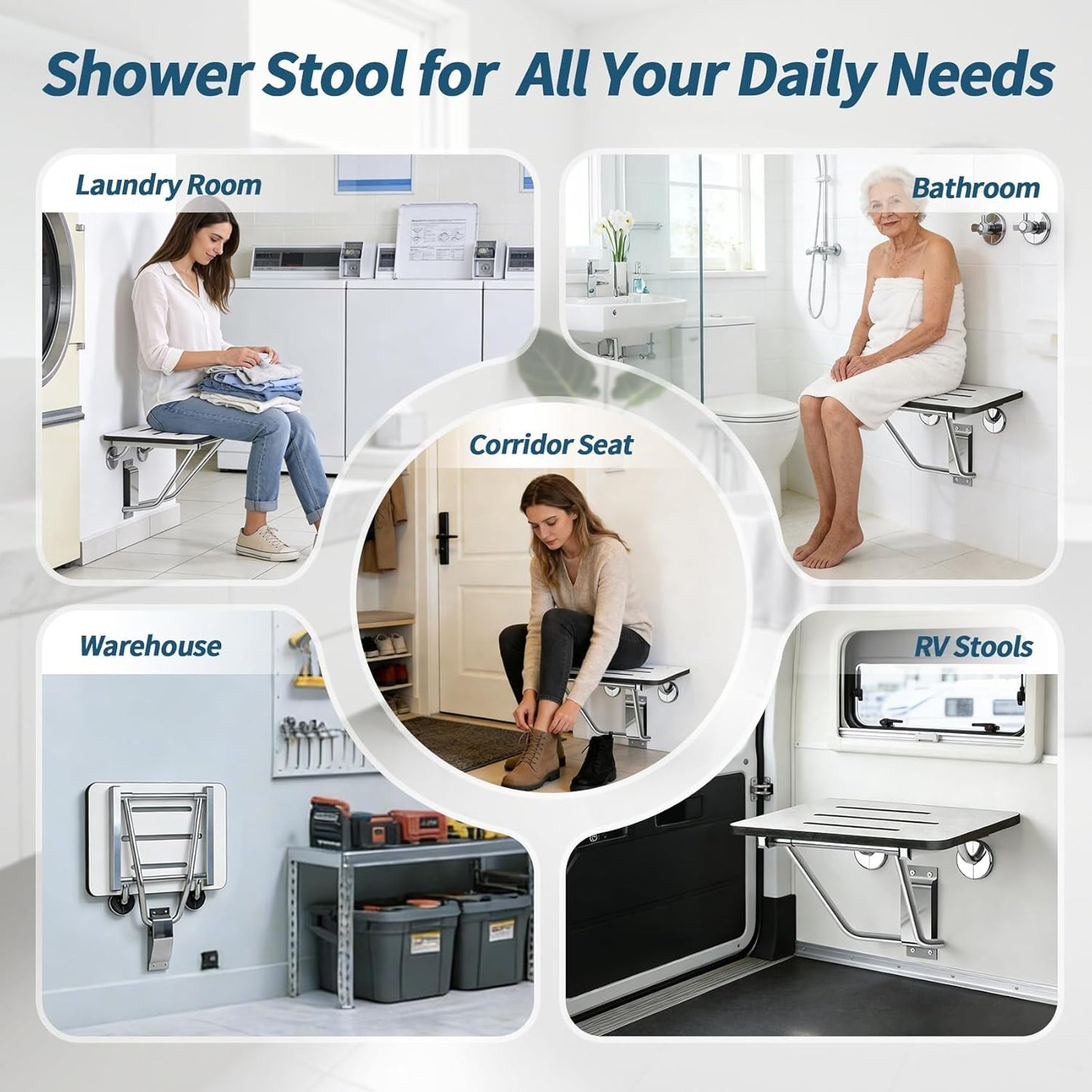 18" Foldable Wall Mounted Fold Down Shower Seat, ADA Compliant Folding Shower Bench with Phenolic Resin Surface No Peeling No Cracking, Triangular Stainless Steel Frame, 420lbs Capacit