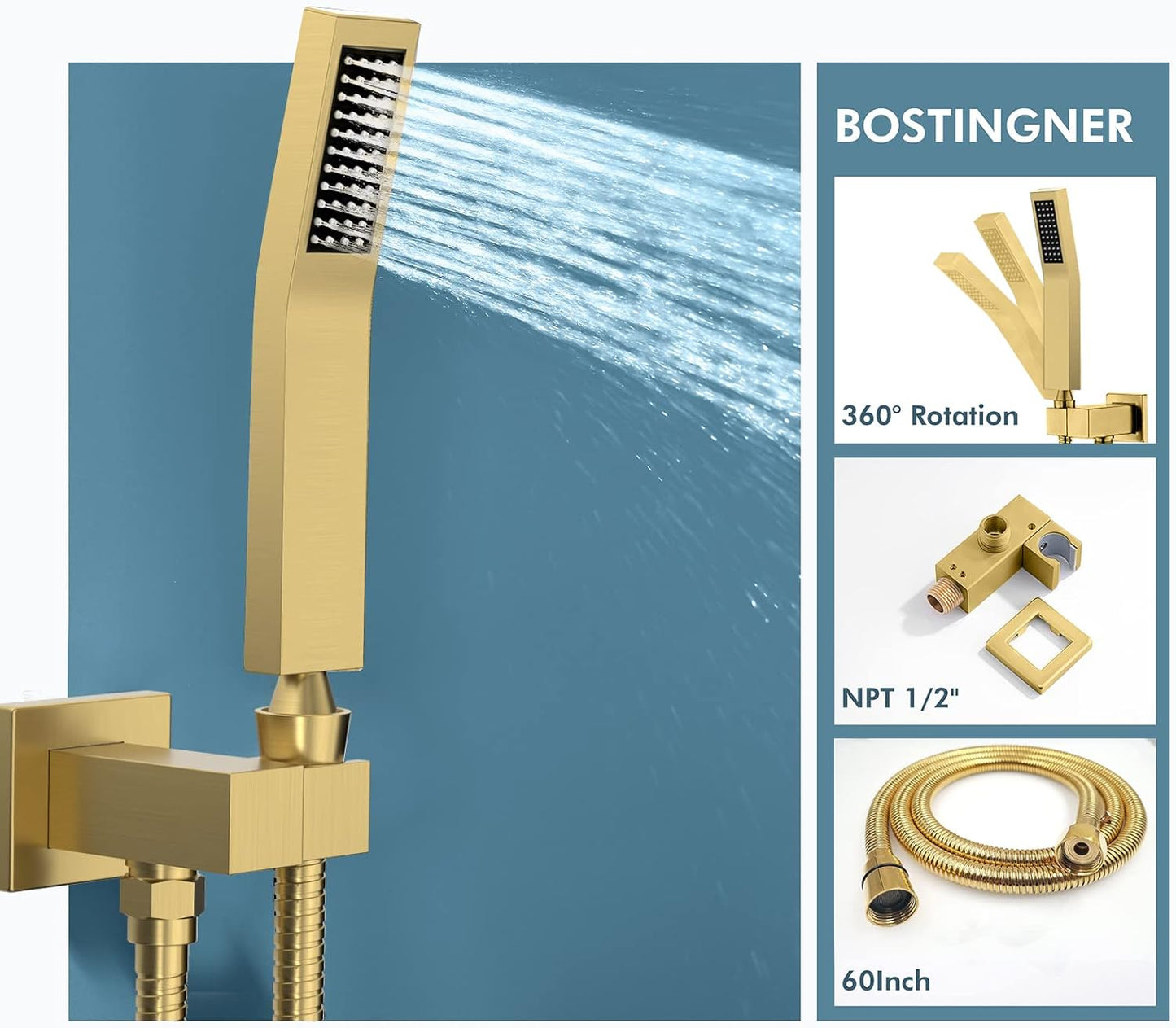 Bostingner Gold Shower System Push Button Shower Faucet Set with Body Spray Jets and Valve 12-inch Rain Shower Head and Handheld Can Use All Function