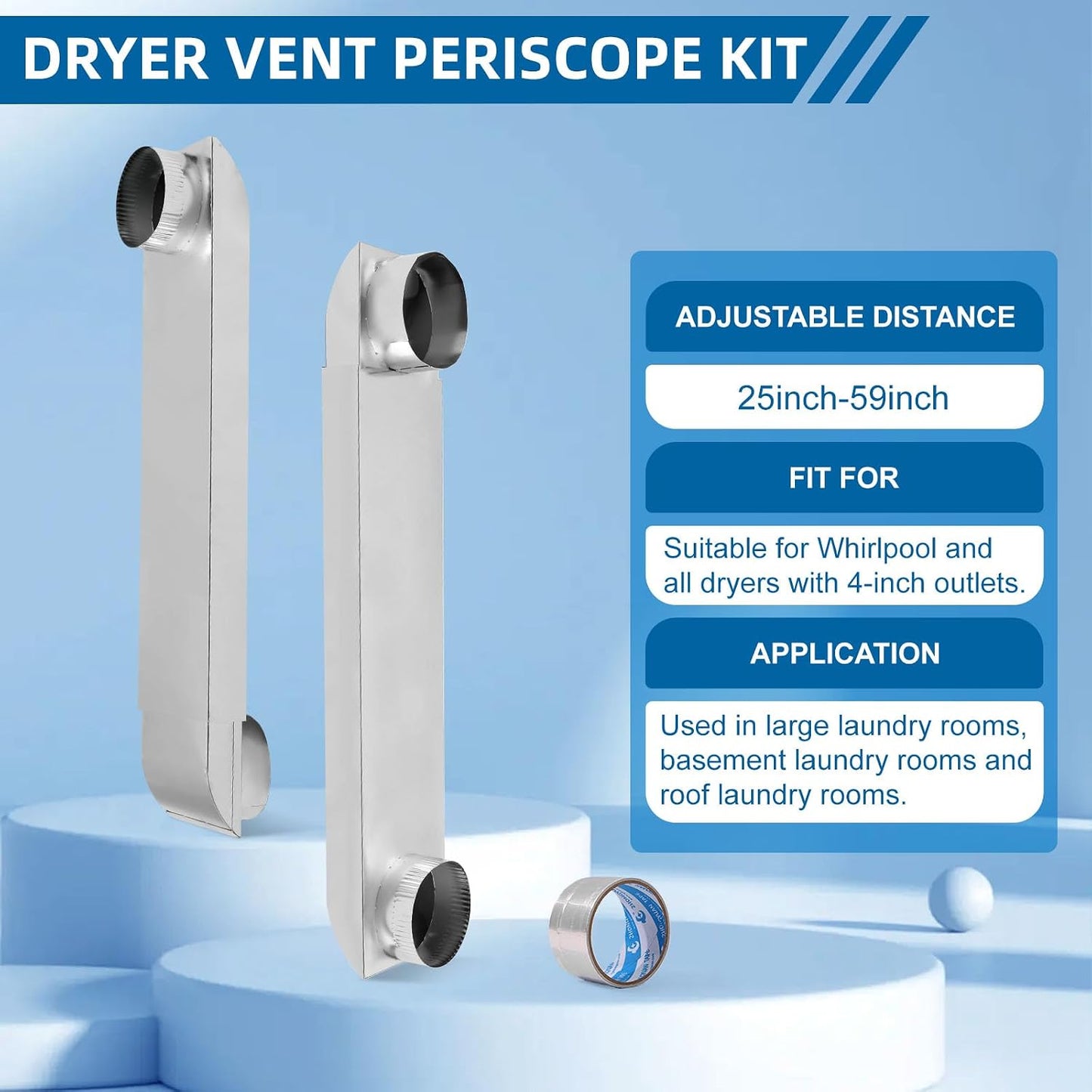 25"-55" Dryer Vent Periscope Kit – Adjustment Stainless Steel Duct for Tight Spaces, Slim Flat Design, Universal 4" Fit for Whirlpool LG Samsung, Includes 2 Leak-Proof Foil Tapes – OEM Genuine