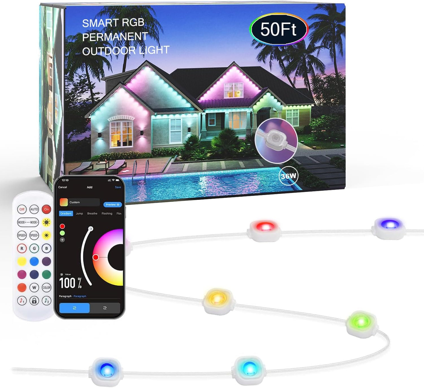 50FT Permanent Outdoor Lights, Smart RGB Color-Changing LED Eaves Lights, Waterproof Exterior Lights for House Trim, App Control, Perfect for Game