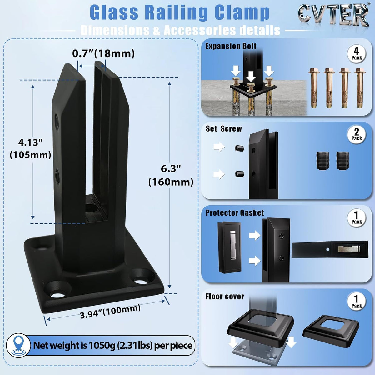 Black Glass Railing Clamp, 4 Pack, Heavy Duty Glass Spigot Post, 304 Stainless Steel Railing System for Stairs Balusters/Patio/Deck Glass Clamp 4 Pcs