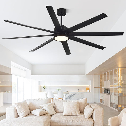 Modern Ceiling Fans with Lights, 72 Inch Ceiling Fans with Remote for Bedroom Living Room Kitchen, 8 Blades 6 Speed Reversible Quiet DC Motor Black