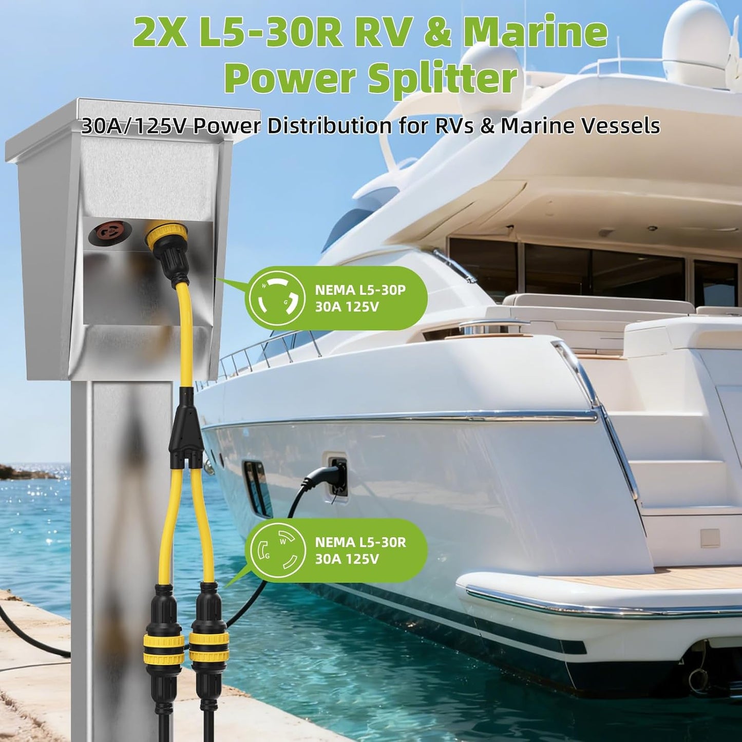 NEMA L5-30P to Dual L5-30R Marine Shore Power Splitter Cord, 30 Amp 125V Male to Two 30 Amp 125V Female Locking Adapter with Waterproof Seals, Heavy Duty STW 10AWG, 3FT