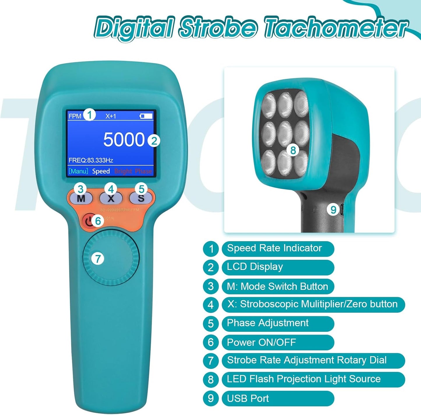 Digital Handheld Stroboscope 60-99999 FPM, LED Stroboscope YF-DT100B, 1500 Lux Strobe Tachometer with Full-Color LCD Display, Stroboscopic