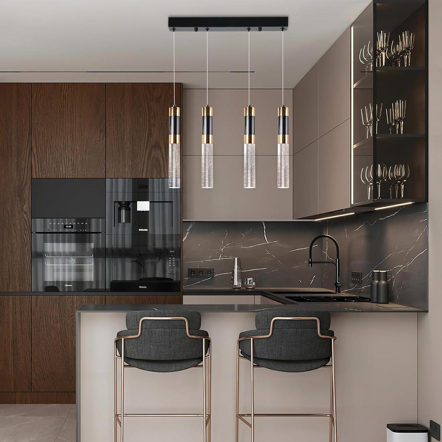 ELEKICO Modern Crystal Led Pendant Lights with 4-Light, Black and Gold Pendant Light Fixtures, Cylindrical Pendant Lighting for Kitchen Island,