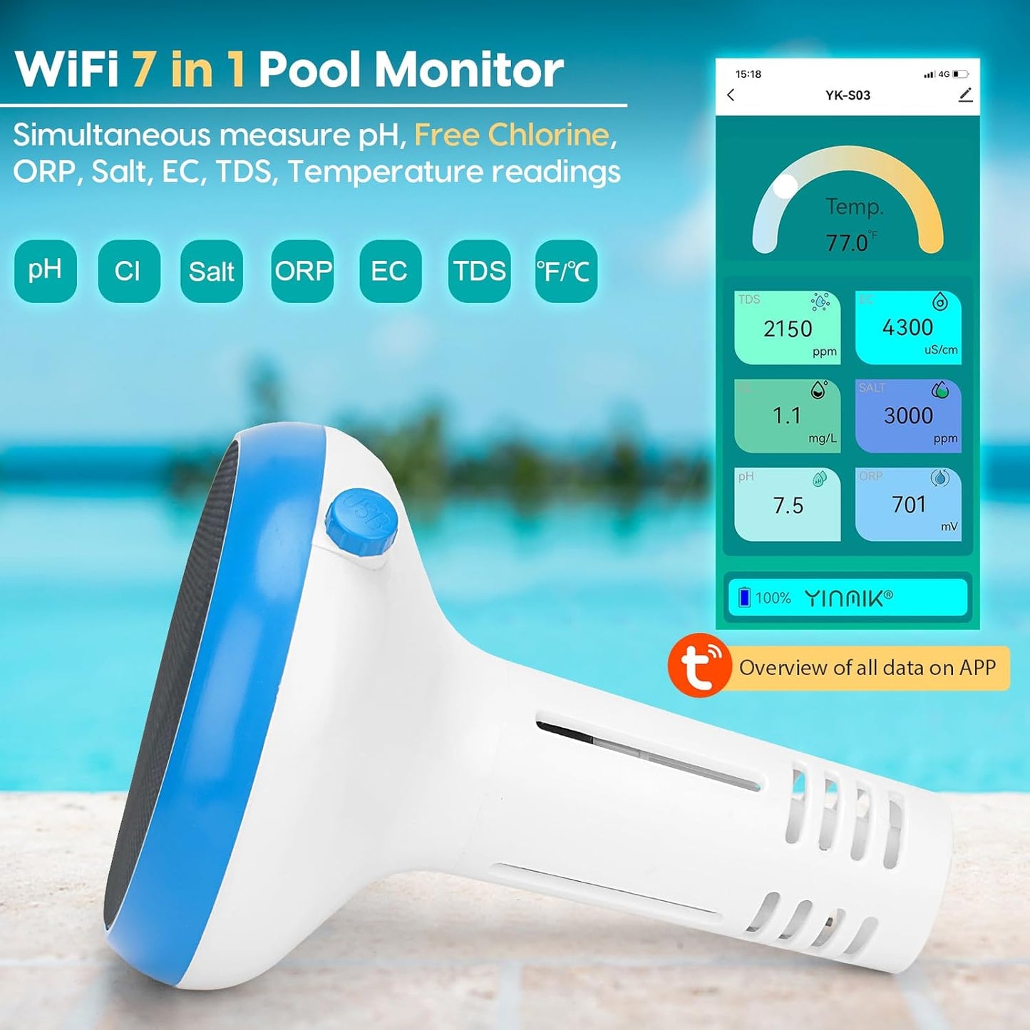 pH Pool Monitor, Smart pH and Chlorine Tester for Swimming Pool, Salt Water Pool 7 in 1 pH Chlorine Salinity ORP EC TDS Temp Monitor for Inground