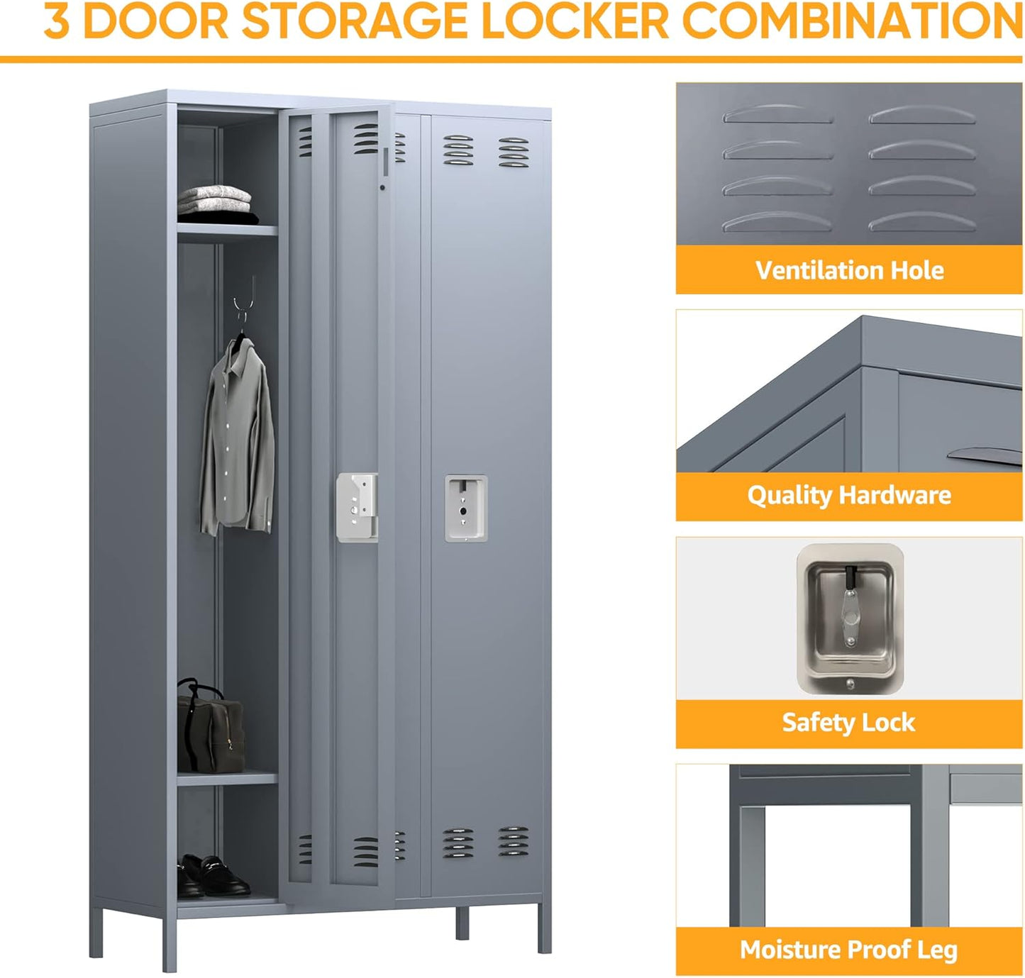 SUXXAN Metal Lockers for Employee, 72&#34; Tall Employee Locker with 3 Doors, Lockers for Storage in Gyms, Homes, Garages, and Offices with Hooks