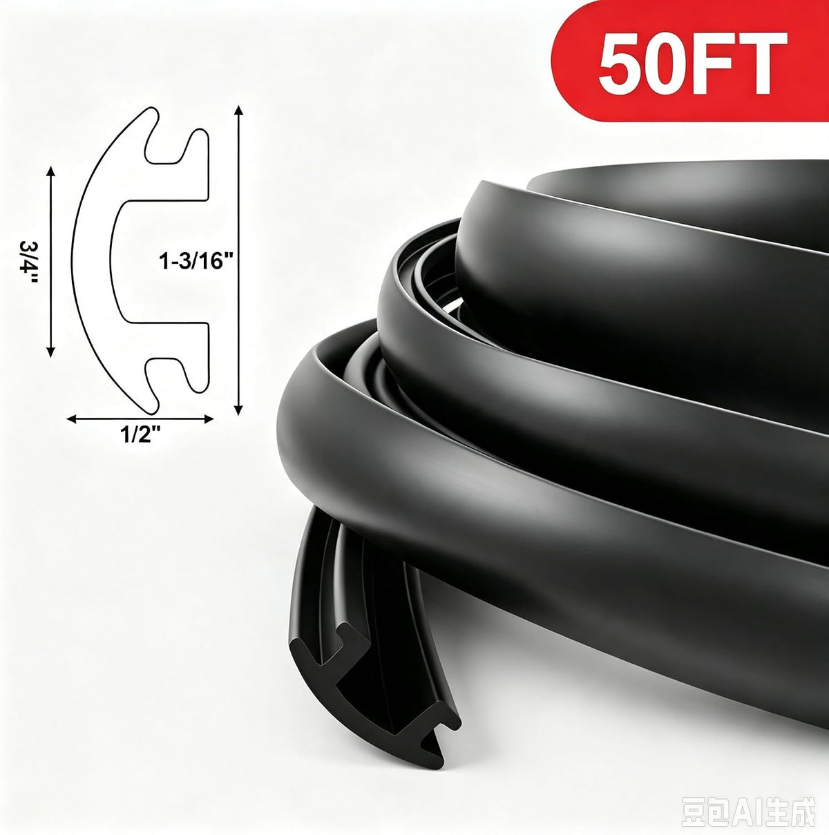 50 ft Boat Rub Rail Insert, 1-3/16" Black Marine PVC Bumper for Boats Kayaks