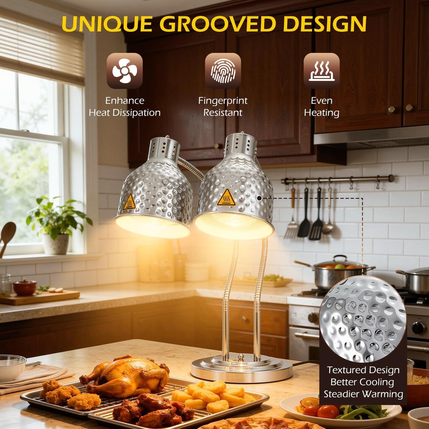 Dyna-Living Food Heat Lamp, 500W Dual-Head Commercial Food Warmer Lamp Portable Electric Heat Lamps for Food Adjustable Catering Warming Lights for Buffet Parties Restaurant Kitchen, Silver