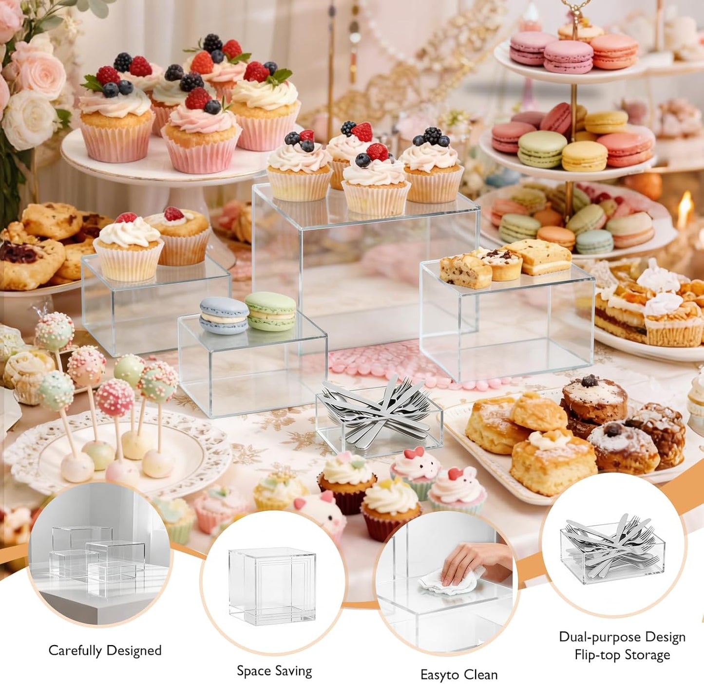 13.8" Extra Large White Risers, Large Size Acrylic Cube Display Nesting Risers, Food risers for buffet table, Transparent Risers for Catering Dessert Collectibles Jewelry Figures Show
