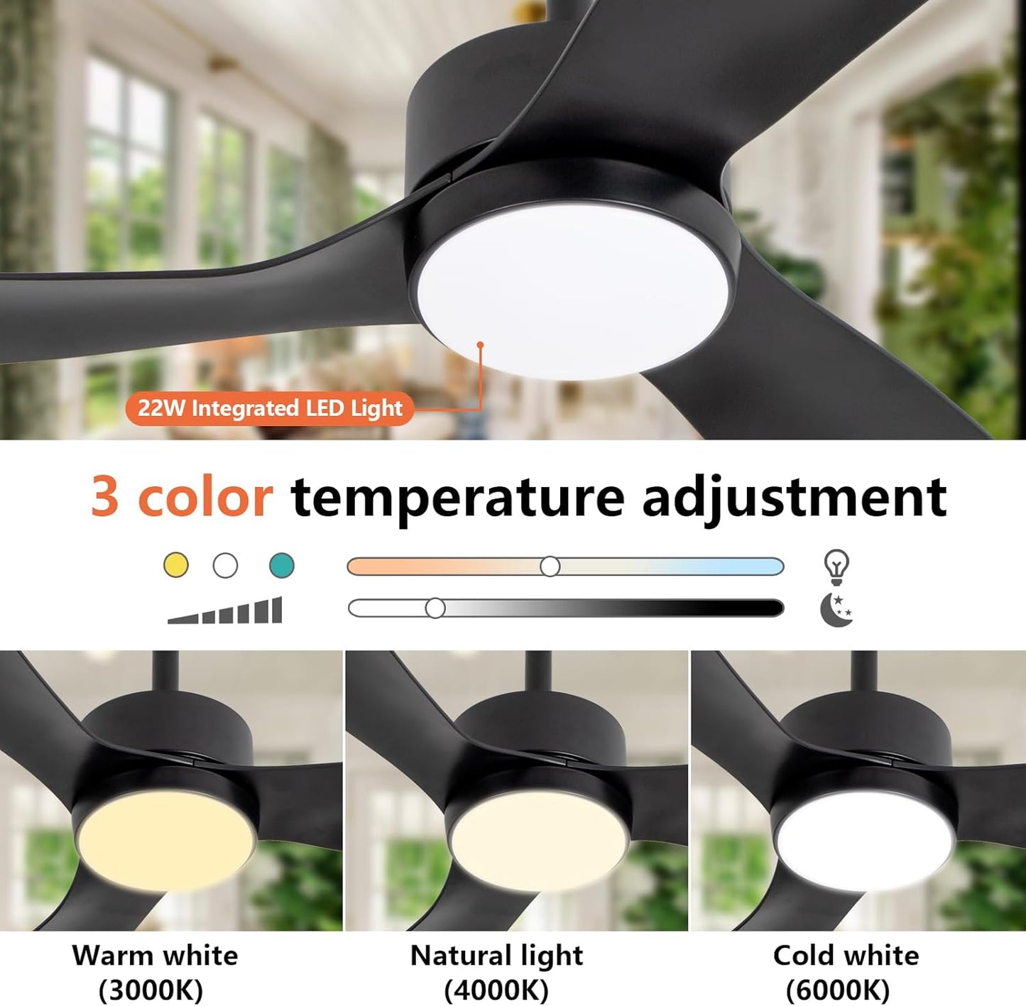 revoici Black Ceiling Fan with Light Remote 52in 6Speed Silent Reversible Motor 3CCT Dimmable LED Height Adjustable Timer Memory Function Modern