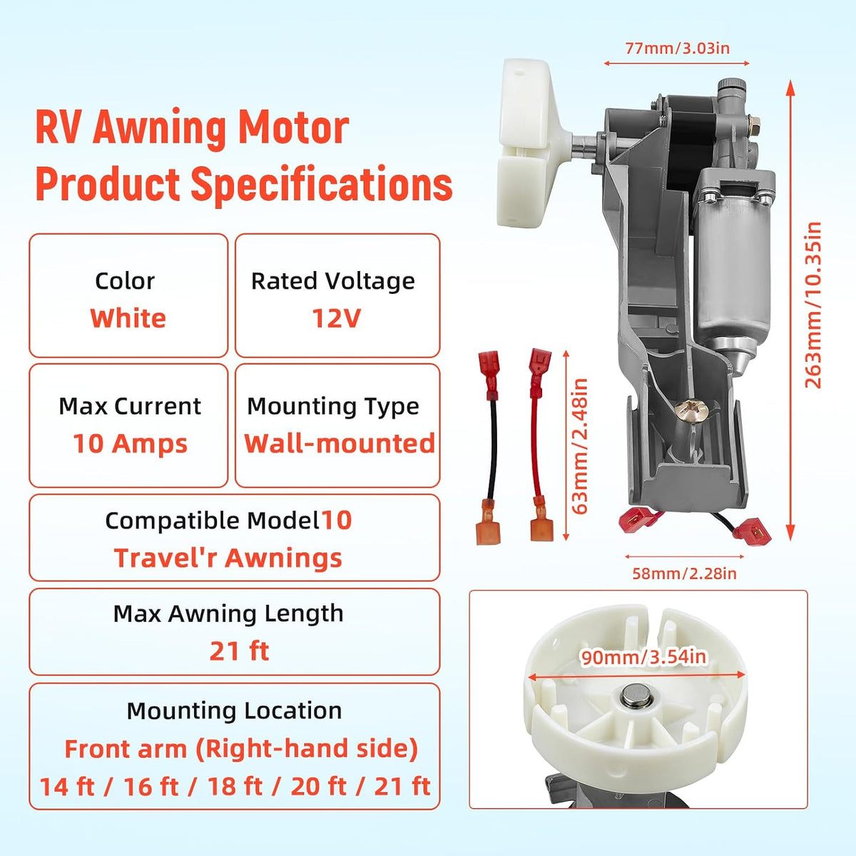 R001326WHT RV Awning Motor Fit for Travel'R Patio Awnings White 12V