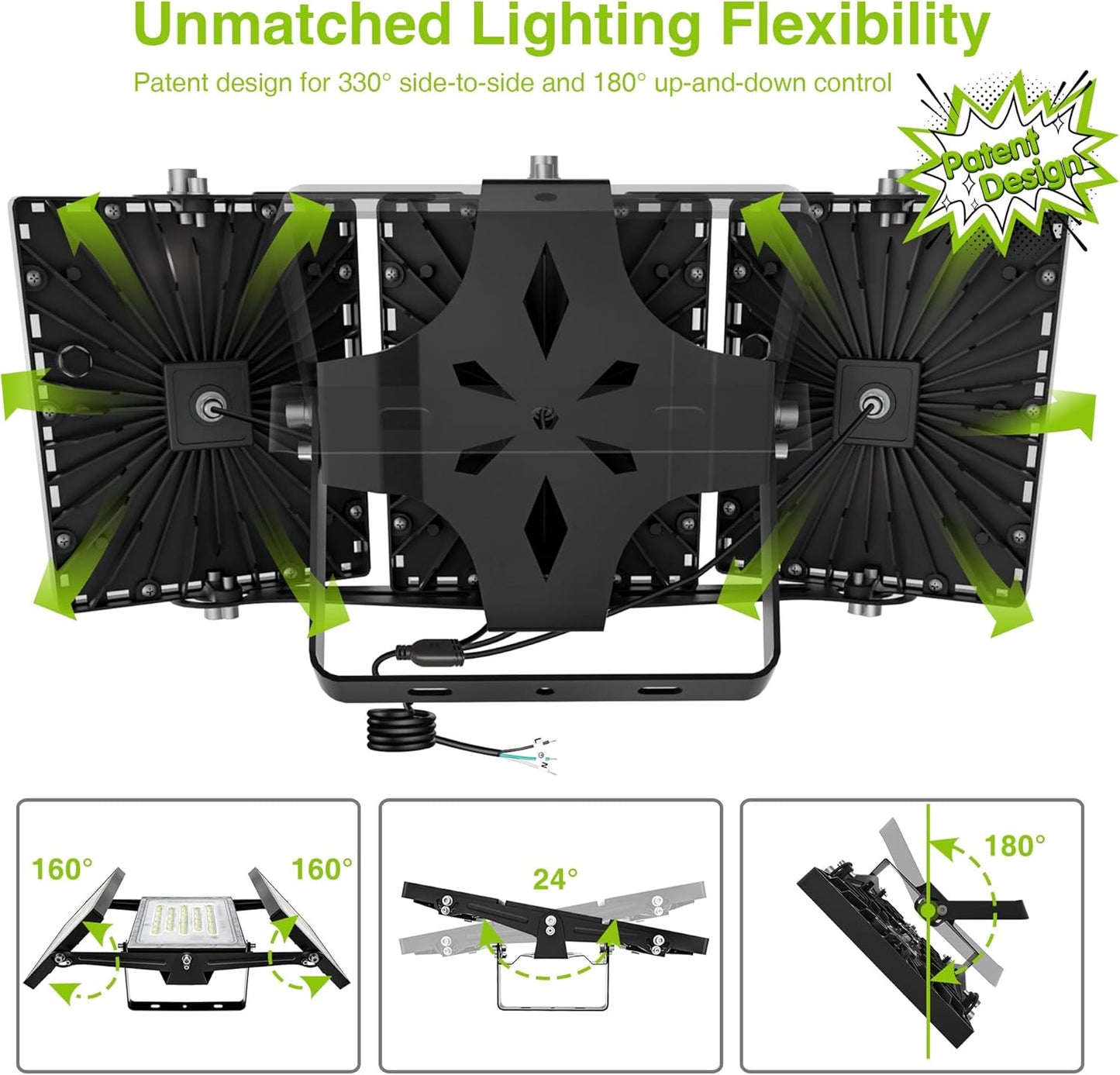 STASUN LED Flood Light Outdoor, 300W 30000lm 3000K Warm White IP66 Waterproof, Commercial Parking Lot Light,3 Heads for Yard Street Stadium House