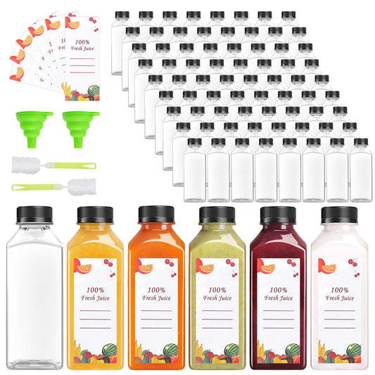 OBKJJ Plastic Juice Bottles 240 pcs 12 oz Empty Plastic Water Bottles with Caps Reusable Clear Beverage Containers for Drinking, Juicing, Smoothie, Water with 2 Brushes, 2 Funnels