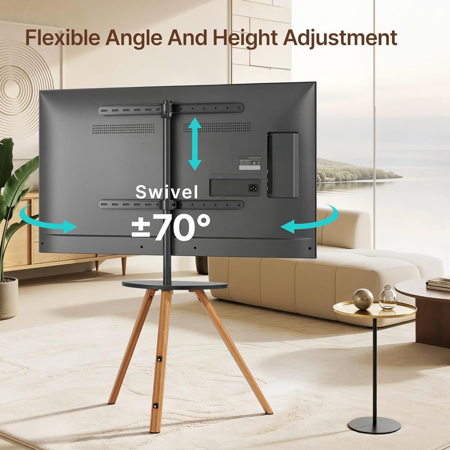 Wood Easel Tv Stand with Artistic Droplet-Shaped Shelf for 45 to 65 Inch Tvs, Swivel Height Adjustable Portable Tripod Tv Stand-Vesa Required Max 600 * 400 mm, up to 88 lbs, Black Walnut
