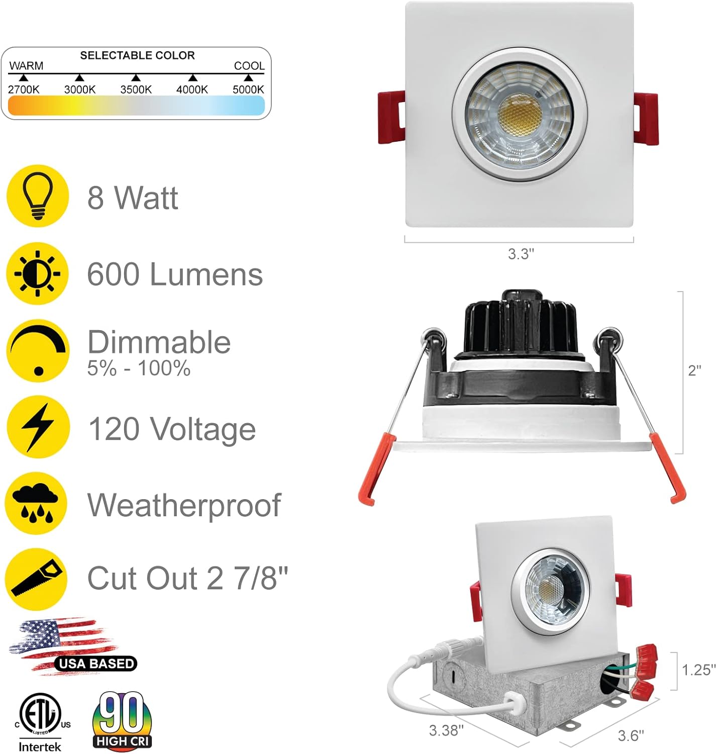 NUWATT | 16 Pack | White 3 Inch Square Adjustable LED Ceiling Light Gimbal Recessed Lighting Dimmable Canless Downlight 5CCT 2700K | 3000K | 3500K |