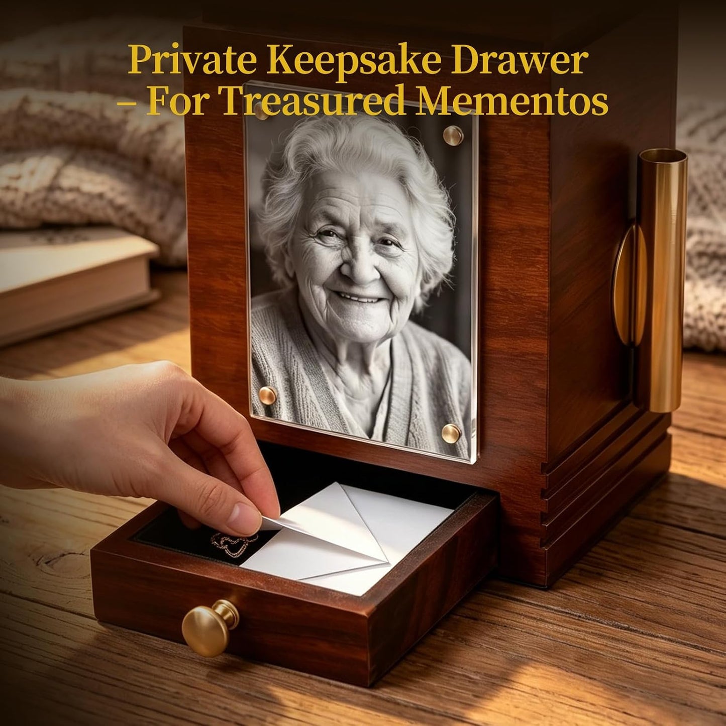 TREUHMM Solid Wood Urn for Human Ashes Adult – 200 Cu in Cremation Urn with Integrated Magnetic Flower Vase & Keepsake Drawer – Premium Walnut Finish Memorial Box for Adult – TSA Approved