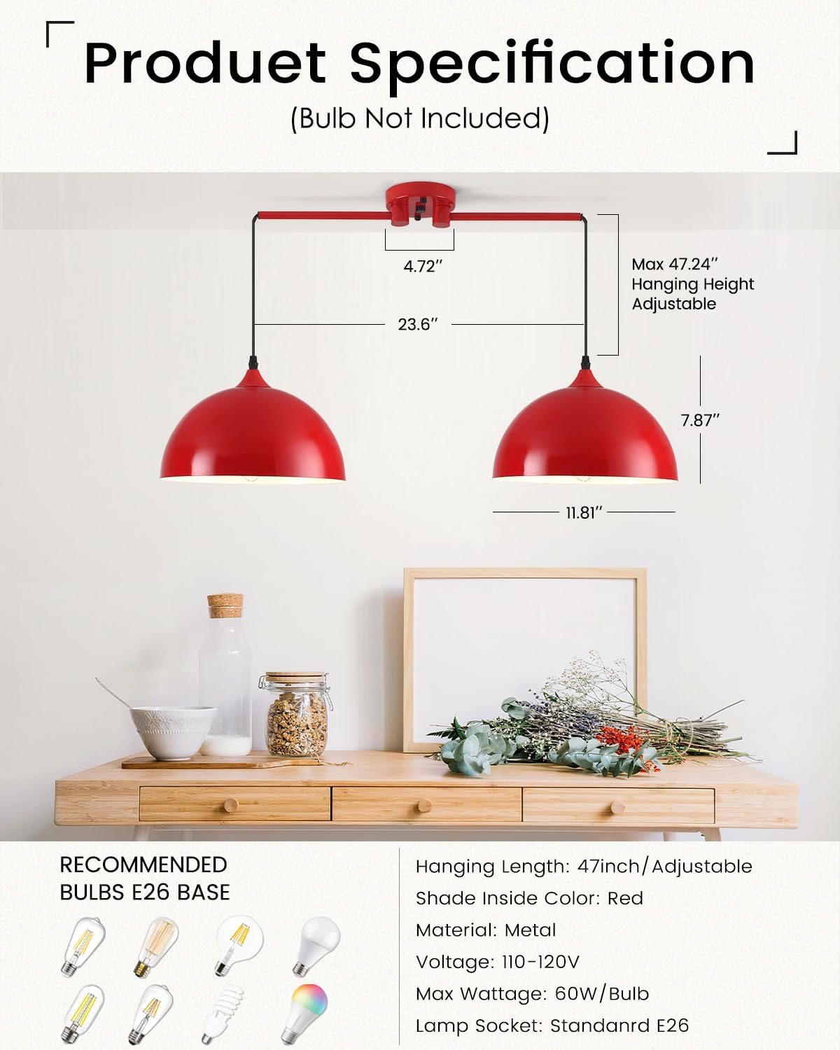 Pendant Lights Kitchen Island 2-Light, Red Dome Pendant Light