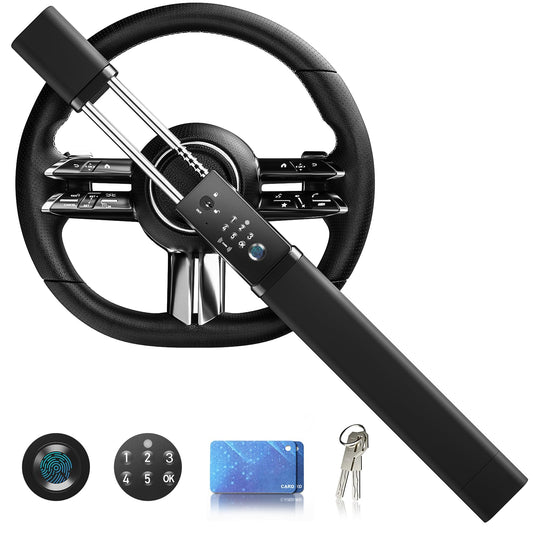 eRapta Smart Steering Wheel Lock, Fingerprint and Numeric Keypad Antitheft Car Security Lock with Dual Alarm, Adjustable Length for Universal Standard Shaped Steering Wheels, Window Breaker Included
