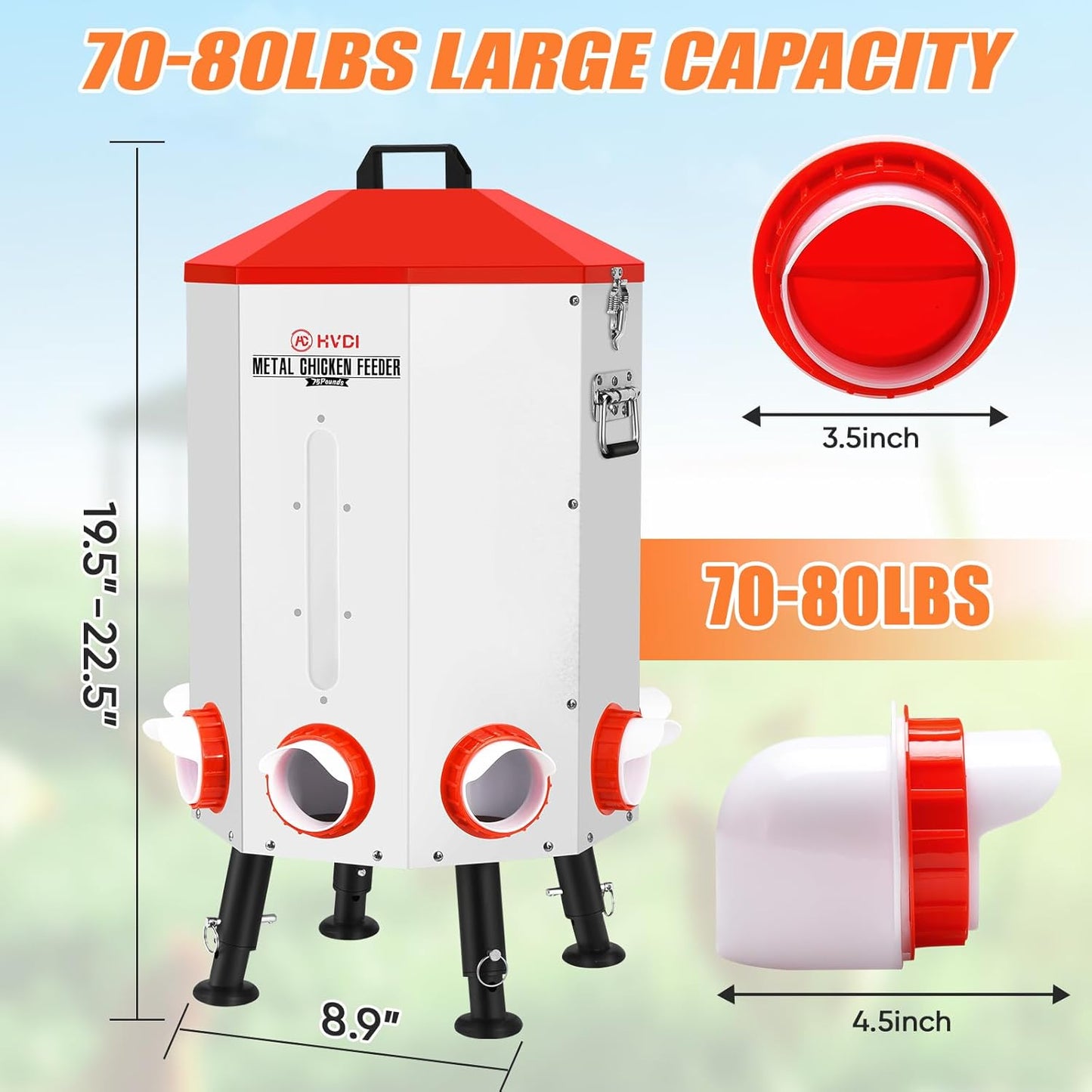 70lbs - 80lbs Large Automatic Chicken Feeder, Adjustable Stand, 8 Feeding Ports, Viewing Window, Sloped Roof Rain Protection Design