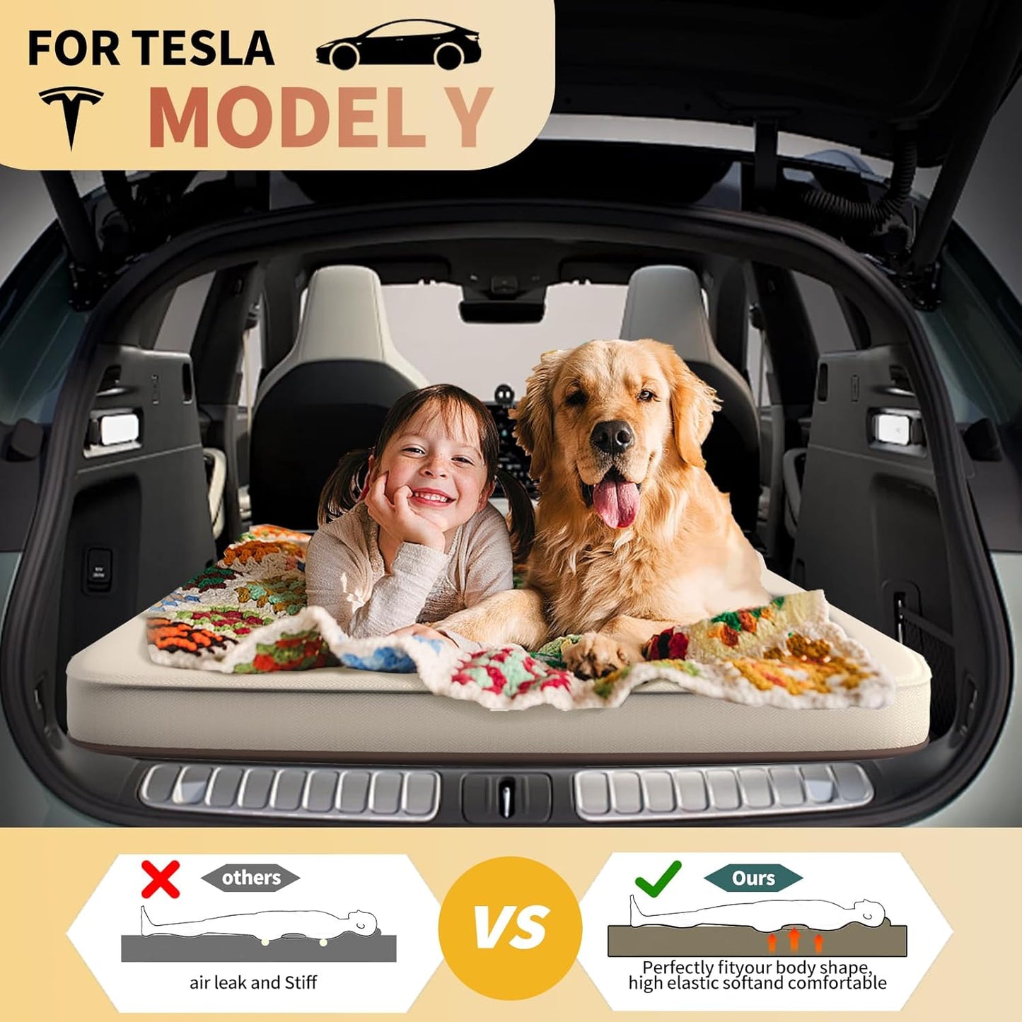 Air Mattress for Tesla Model Y, Self-Inflating & Camping Air Mattress with Foam, Portable Flocking Surface Sleeping Pad wit