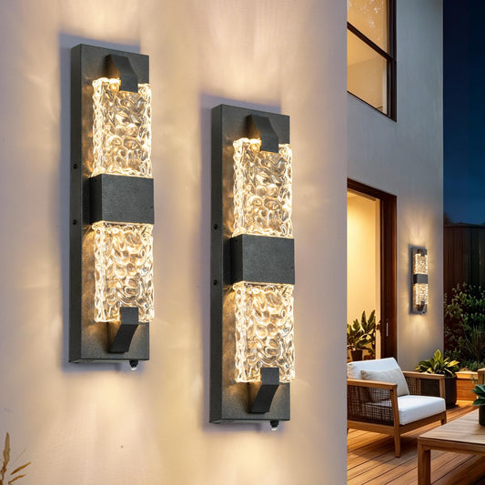 2 Pack Black Outdoor Wall Light 18.5" Dusk to Dawn Outdoor Lighting, Modern Crystal Ripple Porch Lights Outdoor Hardwired Non-Solar IP65 Waterproof Exterior Wall Sconce for House Garage Entryway Black 18.5IN (2 Pack)