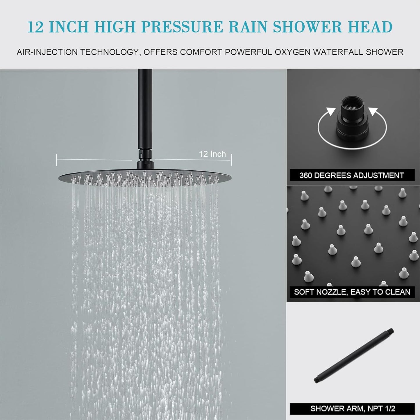 Matte Black Shower System Has 12 Inches Rainfall Shower Head with Handheld Shower Set, High Pressure Matte Black Shower Faucet with Brass Valve for