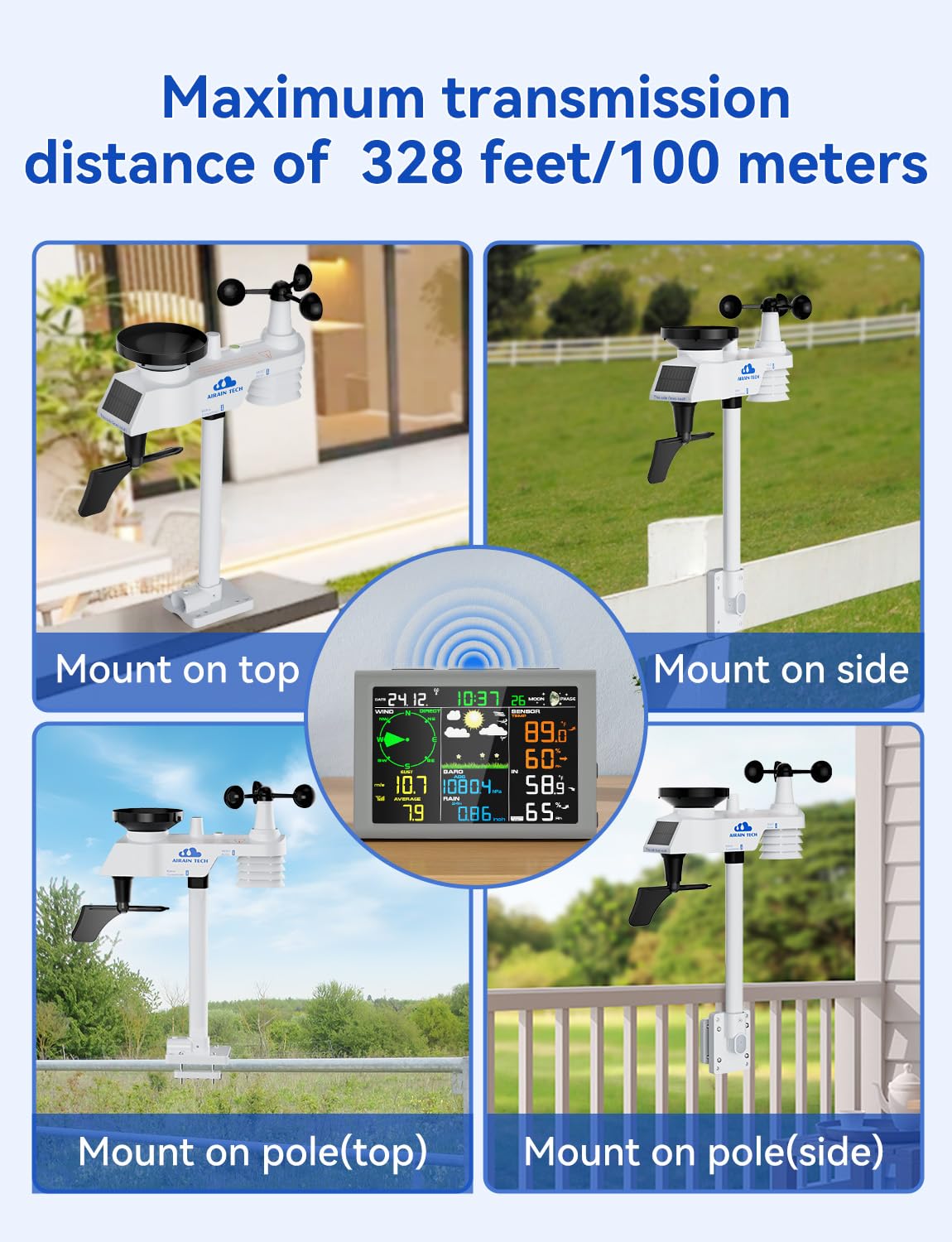10-in-1 Wireless Weather Station Outdoor Sensor, Rain Gauge, Atomic Clock, Wind Speed/Direction, Indoor Temp/Humidity, Barometer, Forecast.(No WiFi)