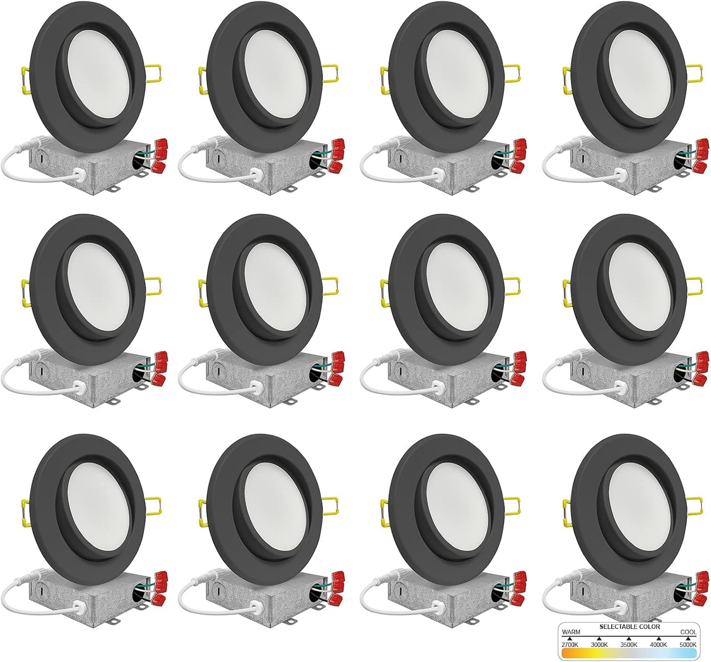 12 Pack, 4 Inch Black Gimbal LED Recessed Lighting, 2700K/3000K/3500K/4000K/5000K Selectable, 630LM, Dimmable, Damp Rated, Canless Adjustable