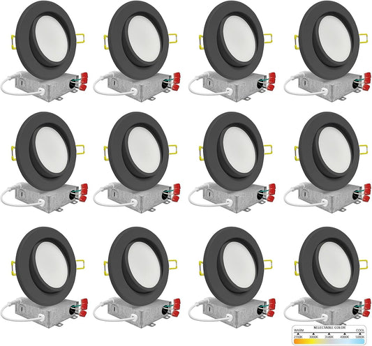 12 Pack, 4 Inch Black Gimbal LED Recessed Lighting, 2700K/3000K/3500K/4000K/5000K Selectable, 630LM, Dimmable, Damp Rated, Canless Adjustable