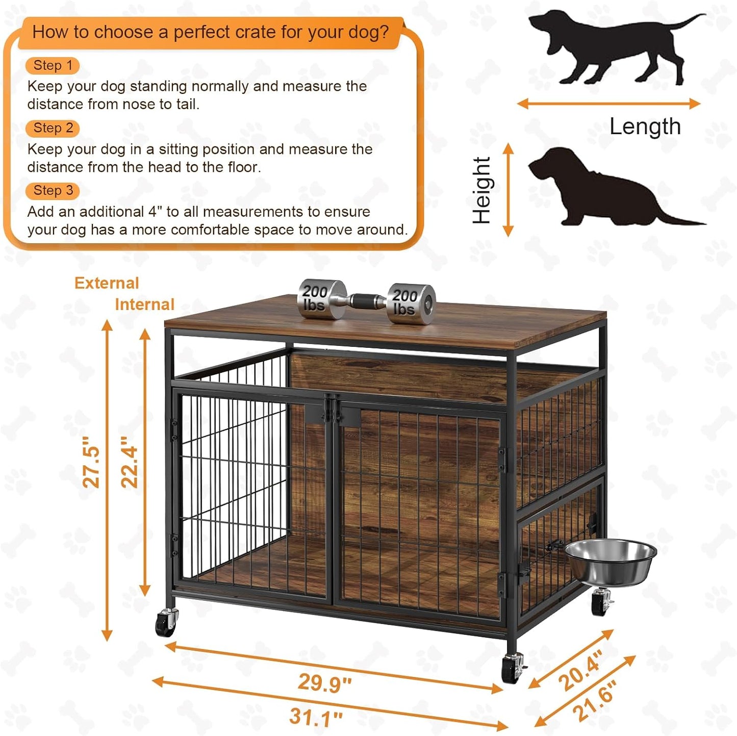 31' Dog Crate Furniture, Heavy Duty Wooden Side End Table, Indoor Dog Kennel Furniture for Small/Medium Dog, Double Doors & 360 Degree Rotating