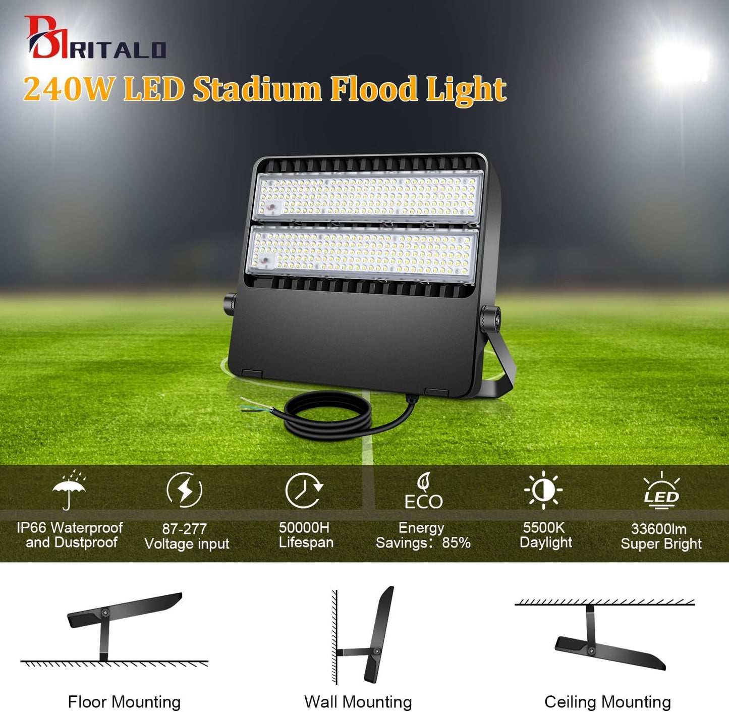 LED Stadium Flood Light commercial,36000LM, 1500W Equivalent LED Arena Lighting Wall Mount Stadium Floodlights Outdoor 5500K 85-277V Waterproof 240W